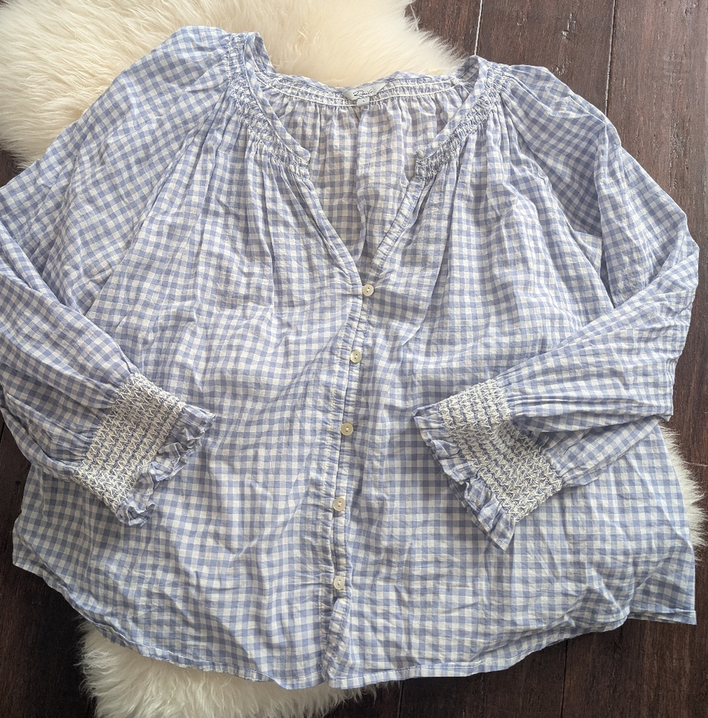 Rails Mariah Corlina Gingham 100% Cotton Blue White Long Sleeve Top L Large